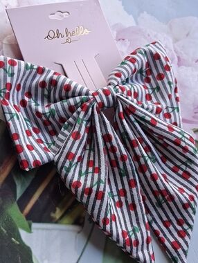 Red Cherry Pinstripe Bow Coquette Girl Retro Vintage Pinup 6" Alligator Clip